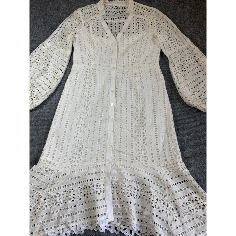 Nanette Lepore White Eyelet Midi Dress Button Front Puff Sleeve Ruffle Size 2